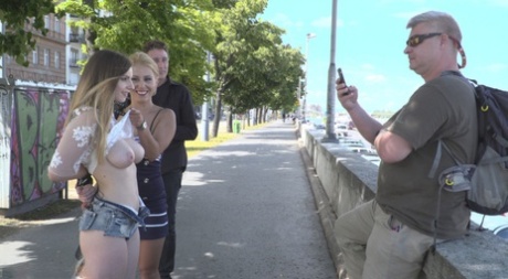 Submissive girl shows her big tits while wearing a butt plug during public sex 18734438